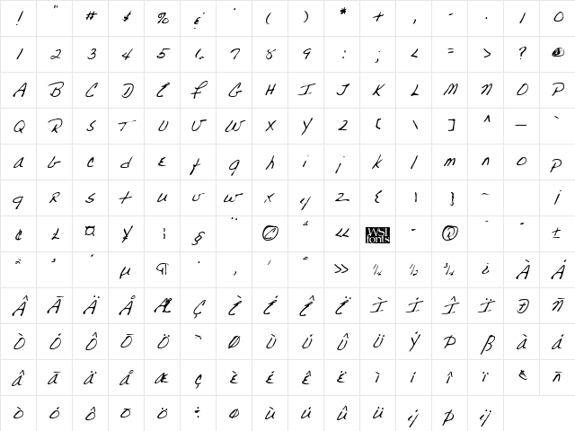 ParkersHand Regular  glyph index