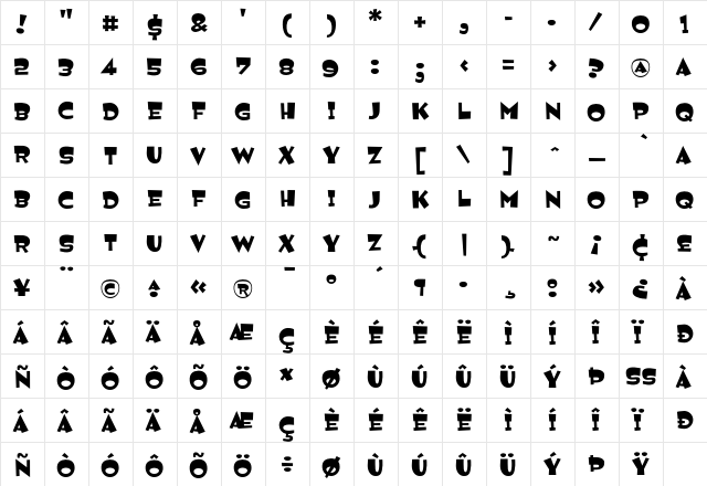 Jemima Regular  glyph index