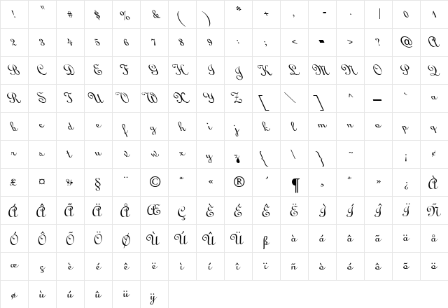 Linoscript Leftie Regular  glyph index