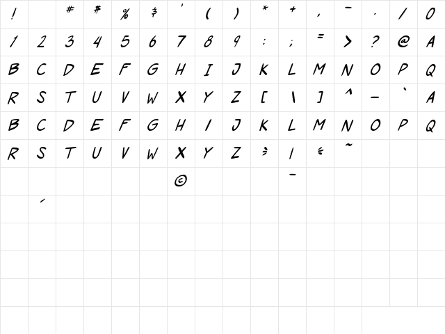 Roof runners Italic  glyph index