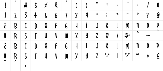 Sparkly Hearts Regular  glyph index