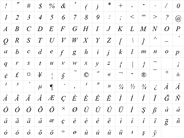 Turkish Times New Roman Italic  glyph index