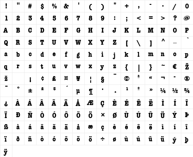 AmericanTypewriter LT Cn Bold  glyph index