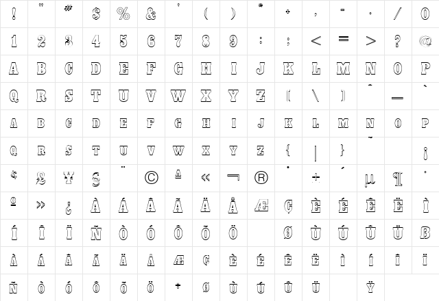 Headliner Outline Regular  glyph index