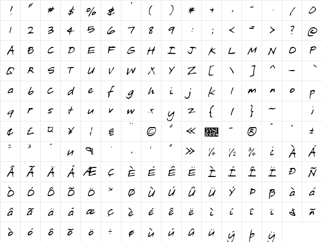 JoshsHand Regular  glyph index