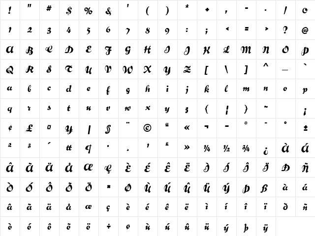 BernhardBrushscriptSG Regular  glyph index