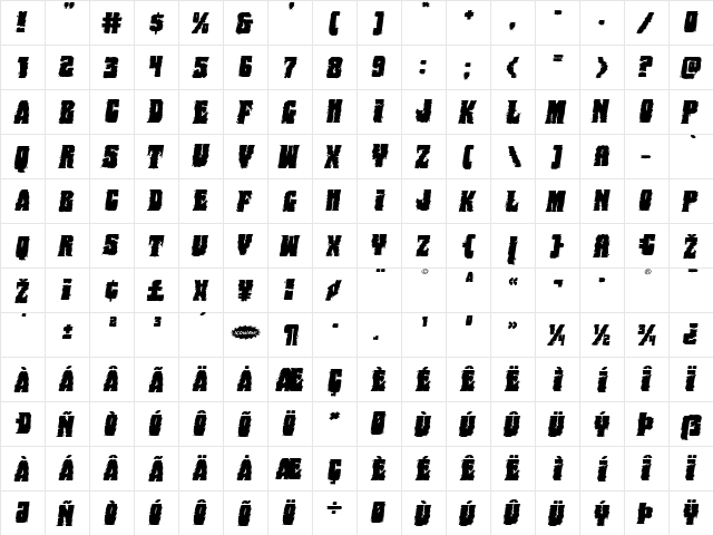 Bog Beast Expanded Italic Expanded Italic  glyph index