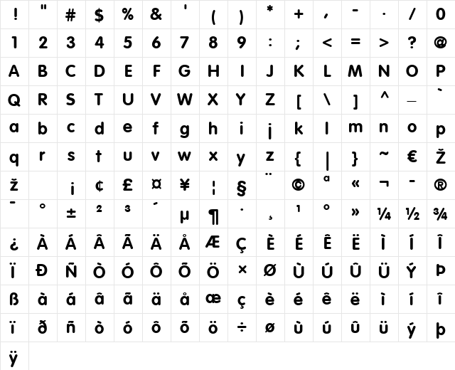 VAGRounded LT Thin Bold  glyph index