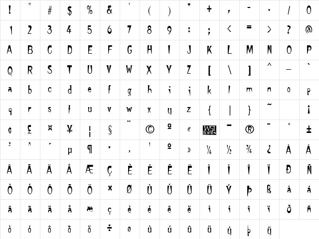 TempuraNarrow normal  glyph index