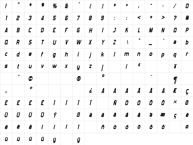 Forgotten Futurist Bold Italic  glyph index
