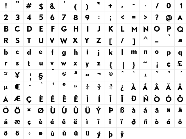 DTL Nobel T Bold  glyph index