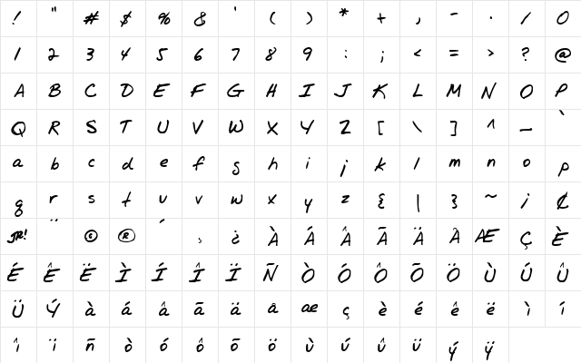 jr!hand Regular  glyph index