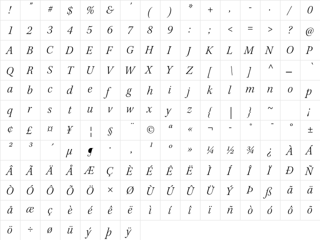 Kepler Std Light Italic Subhead  glyph index