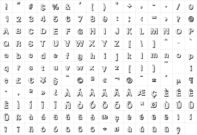 UltimateShadow Bold  glyph index