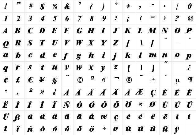 RiccioneSerial-Heavy Italic  glyph index