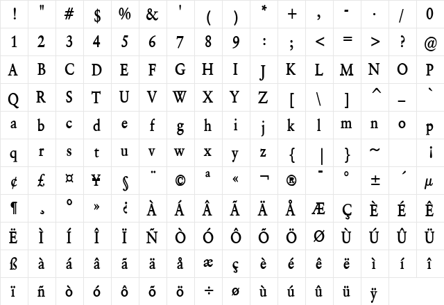 Garrick Condensed Bold  glyph index