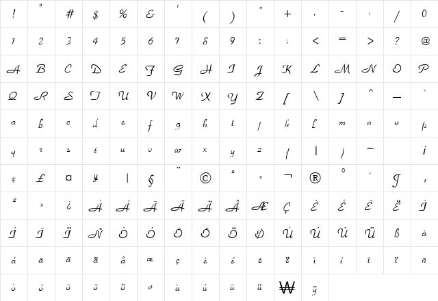 Parkway Regular  glyph index