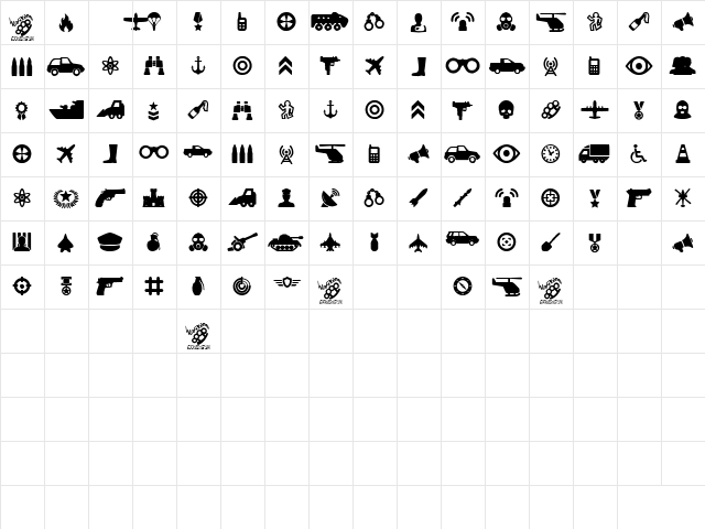 war times Regular  glyph index