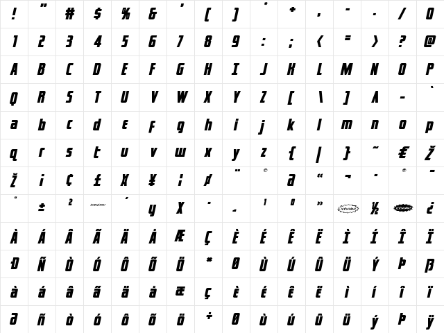 Captain Canaveral Expand Ital Expanded Italic  glyph index