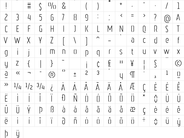 Ruler Stencil Light Regular  glyph index