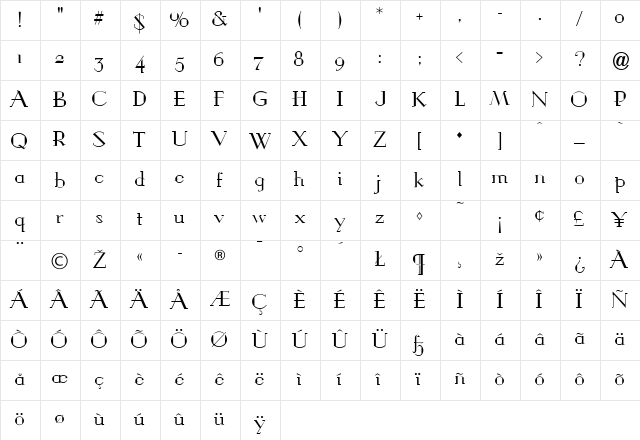GraybarBook Regular  glyph index
