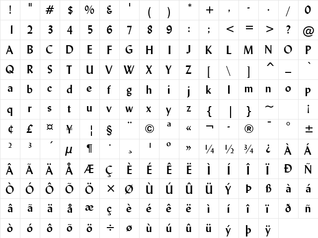 Lydian Bold  glyph index