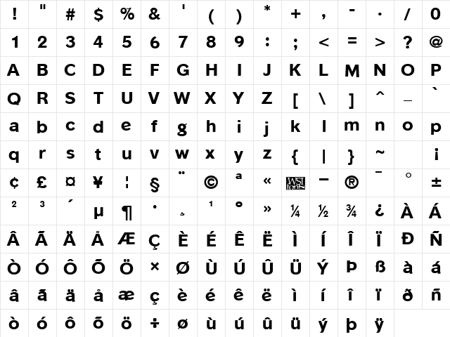 PhinsterExtrabold Regular  glyph index