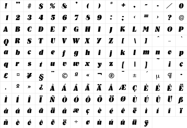 Nashville-HeavyIta Regular  glyph index