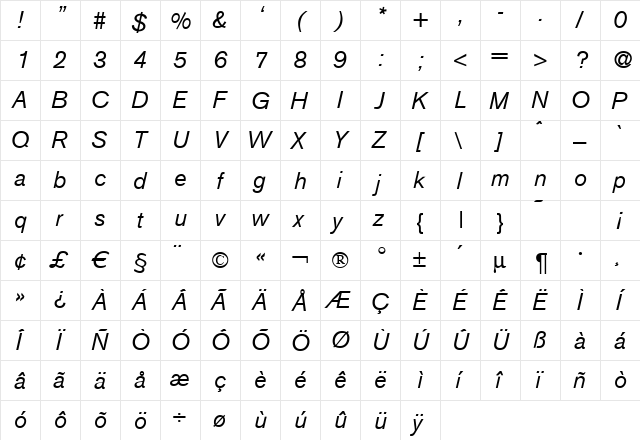 A750-Sans Italic  glyph index