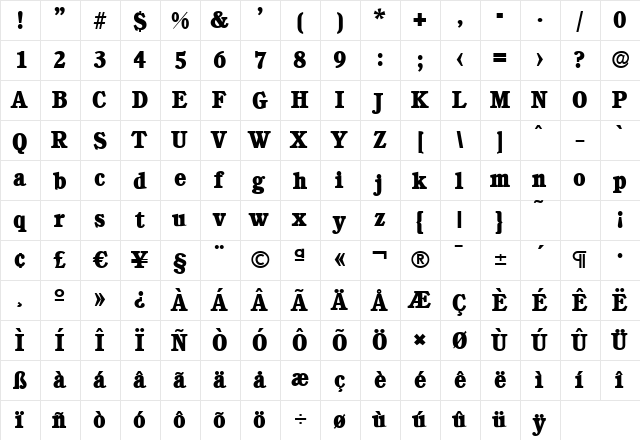 CalgarySerial-ExtraBold Regular  glyph index