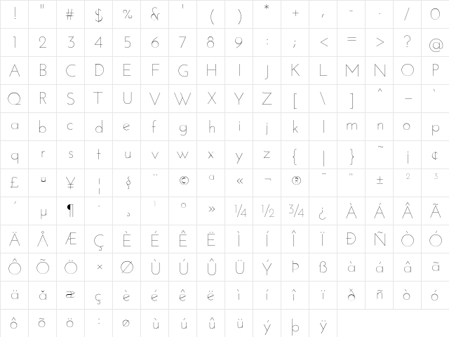 Josefin Sans Thin  glyph index