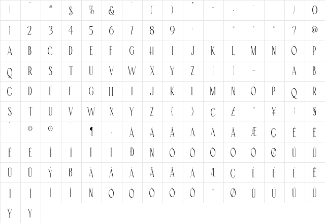Rosseta Regular  glyph index