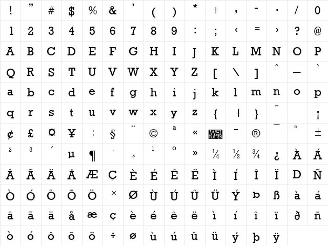 Rockney Regular  glyph index
