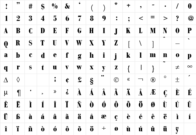 BodoniRecutCond Bold  glyph index