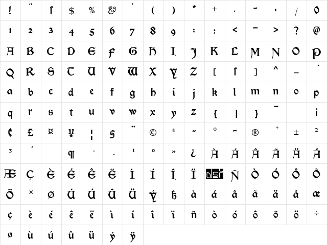 Morris Roman Alternate Black  glyph index