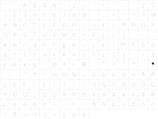 Omnes Hairline  glyph index