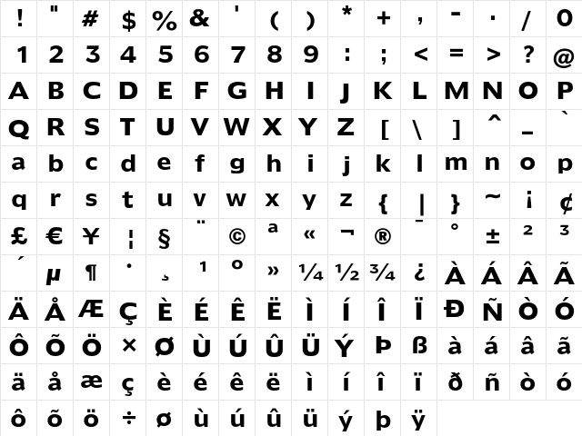 Humanist 970 Bold  glyph index