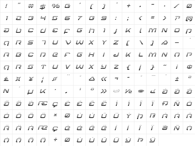 Gunrunner Gradient Italic Italic  glyph index