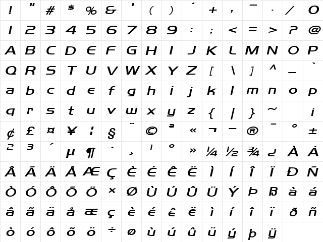 Orbit-Extended Bold Italic  glyph index