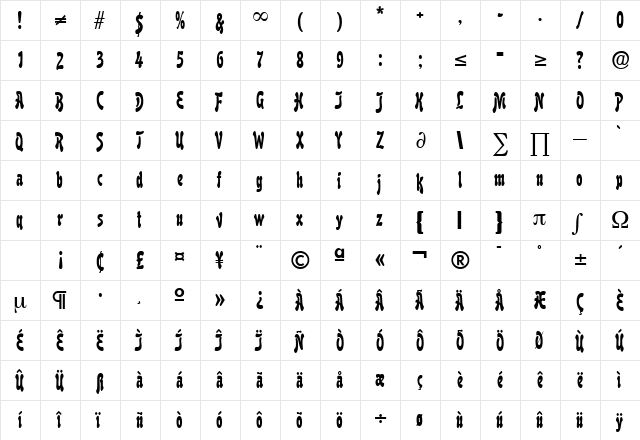 Boutique DB Medium  glyph index