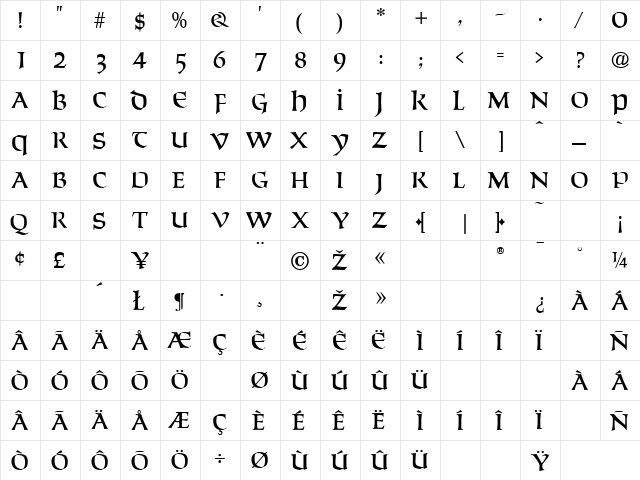 Solemnis Regular  glyph index