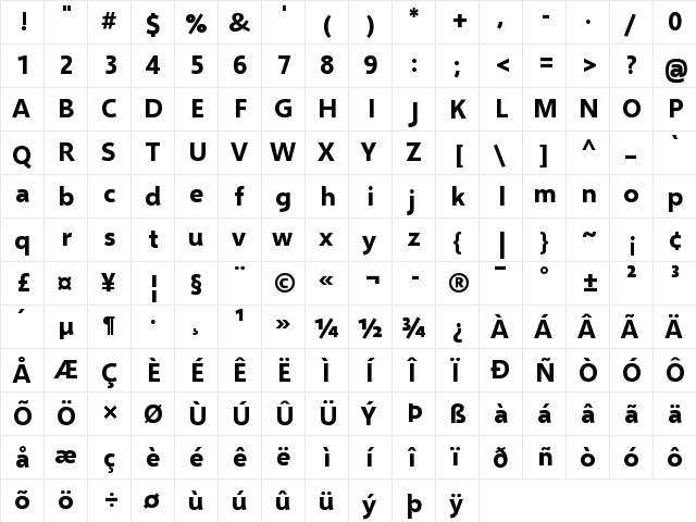 Selawik Bold  glyph index