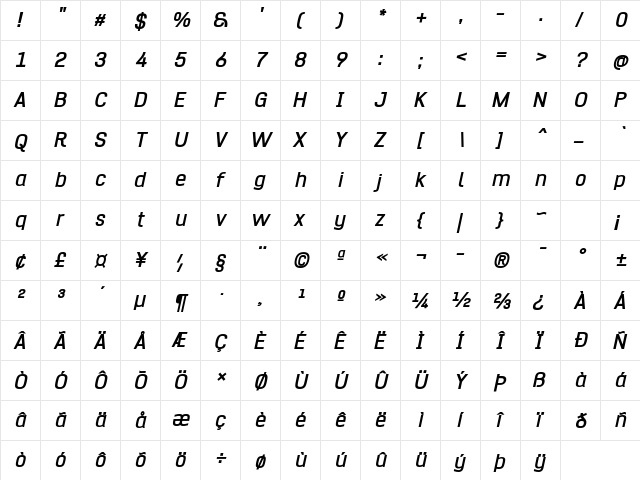 Hurufo & Numero Bold Italic Italic  glyph index
