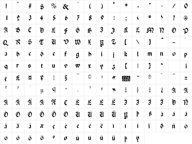 PenchantThin Regular  glyph index