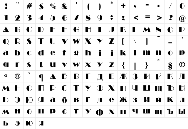 GABroadway-Normal Regular  glyph index