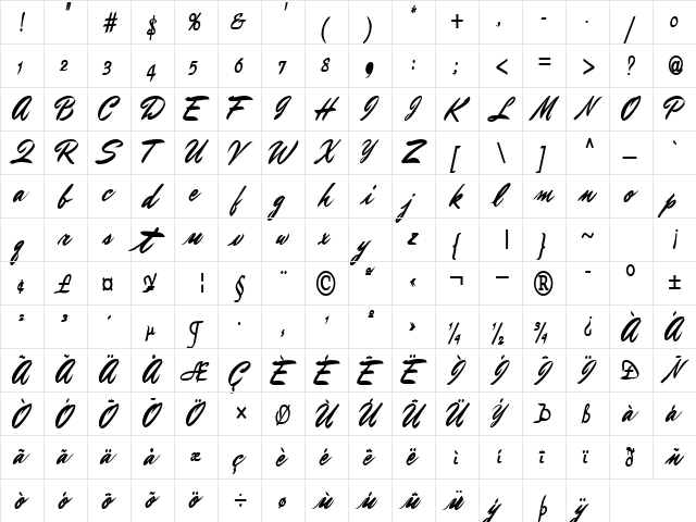 Brush Regular  glyph index