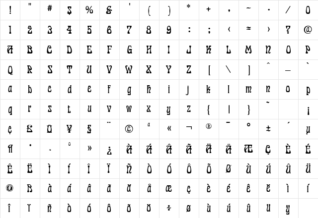Freddy Regular  glyph index
