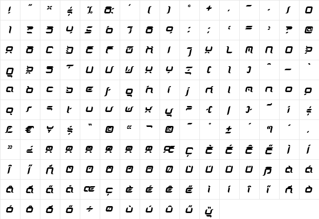 DorisOrangeItalic Medium  glyph index