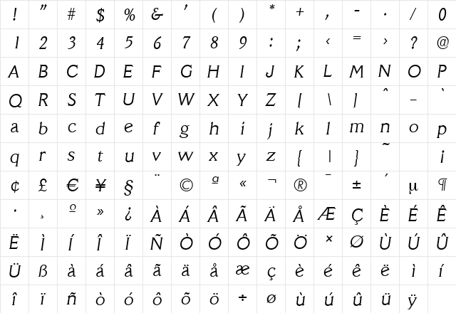 VeracruzSerial-Light Italic  glyph index