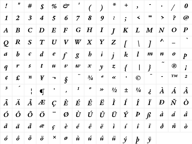 Legacy Serif ITC Bold Italic  glyph index